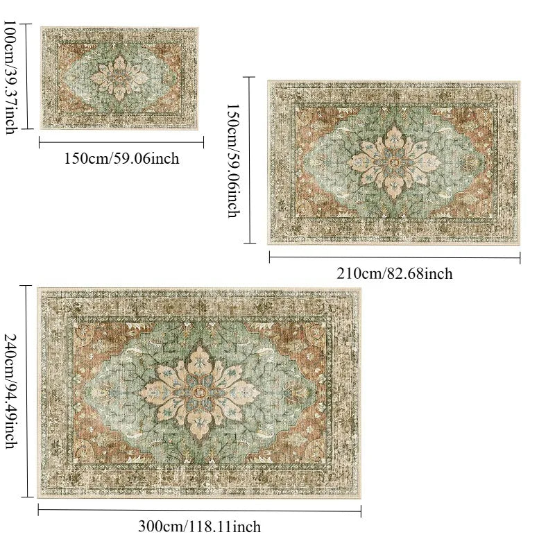 Bohemian Floral Vintage Oversized Area Rug – Machine Washable Non-Slip Green Carpet