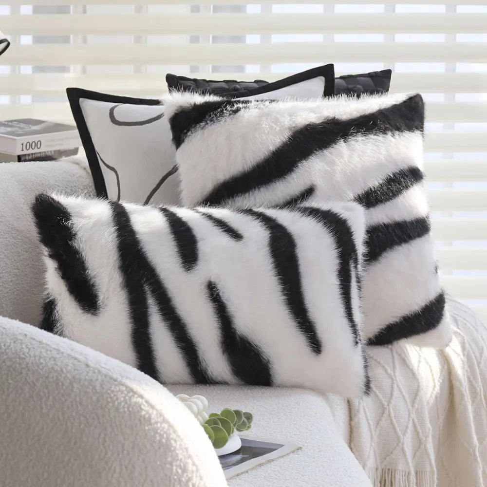 Zebra Print Faux Fur Cushion Cover, Black & White
