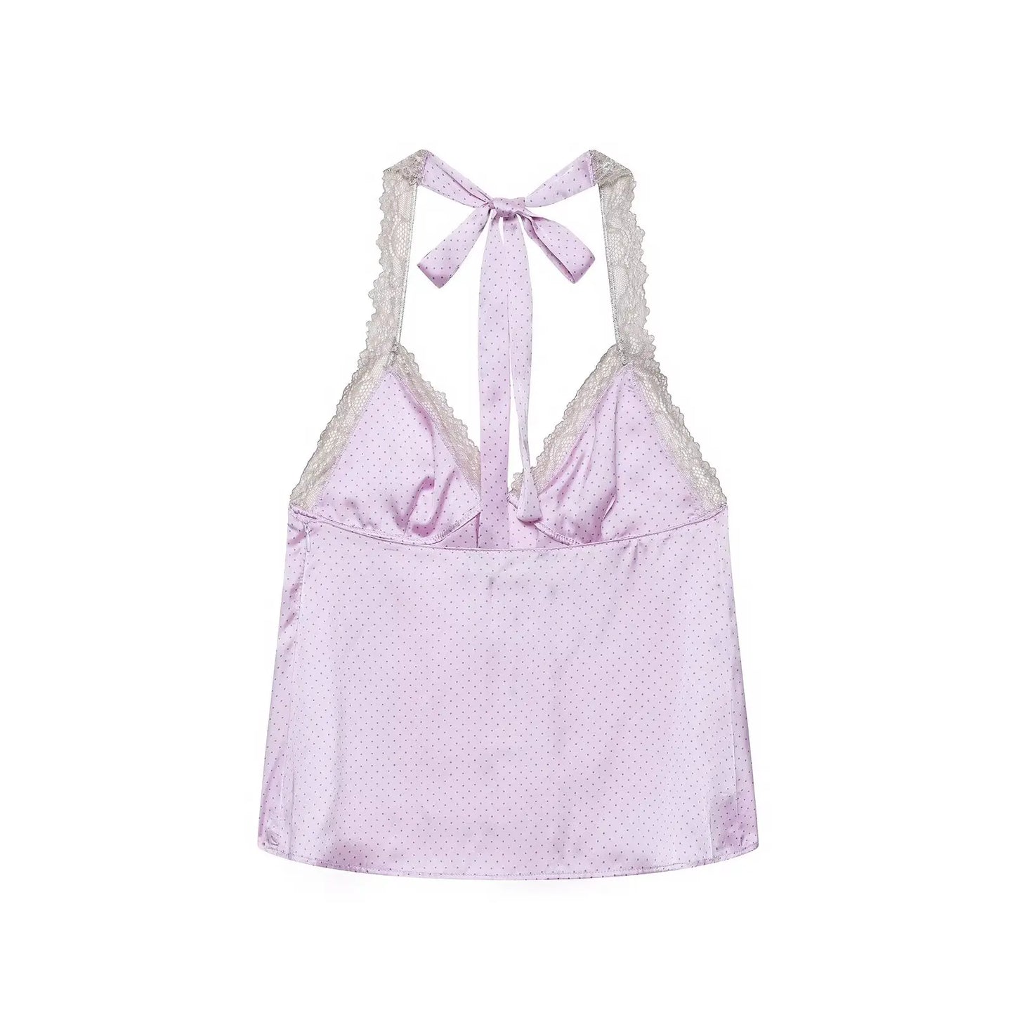 Women's Purple Polka Dot Halter Neck Top – Lace Trim Sexy Beach & Vacation Top