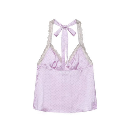 Women's Purple Polka Dot Halter Neck Top – Lace Trim Sexy Beach & Vacation Top