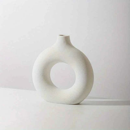 1pc, White/Beige Ceramic Vase  Vases For Decor, Modern Home Decor Vase, Boho Vases For Decor, Circle Vase, Round Vase, Donut Vas