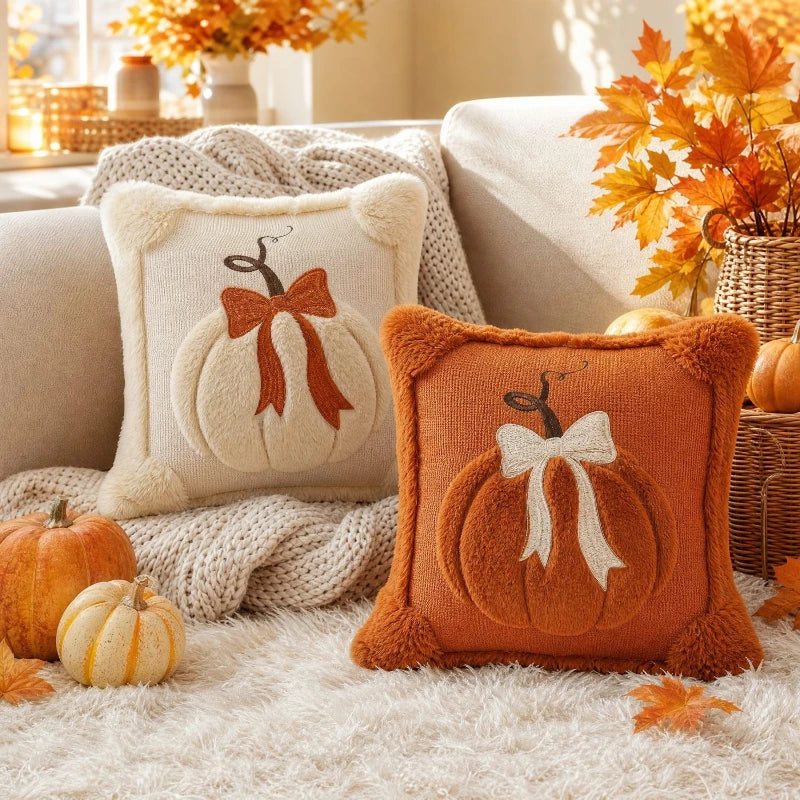 3D Plush Pumpkin Throw Pillow with Bow, Fall Decor