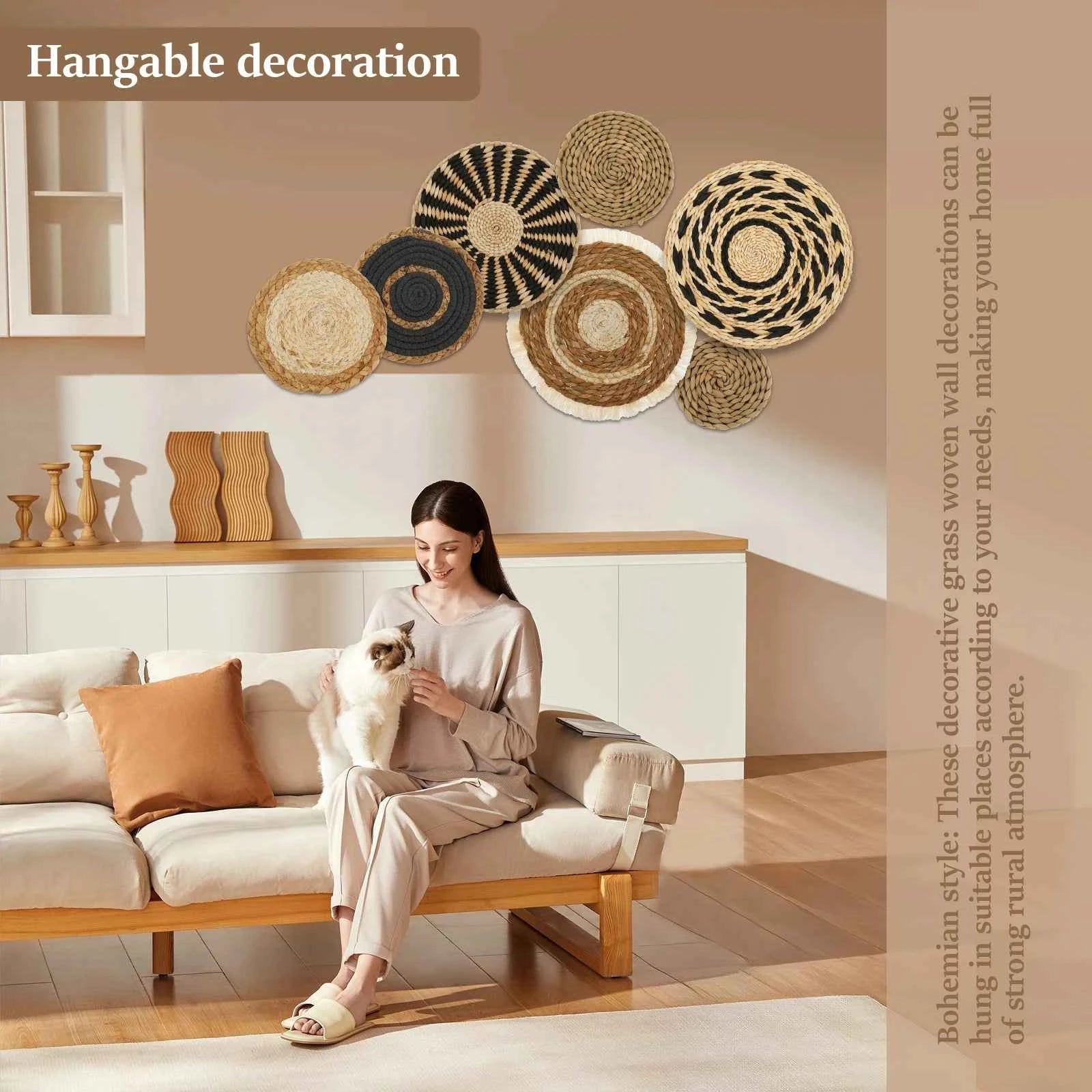 7 Pack Boho Wall Basket Decor, Hanging Woven Wall Basket Decor, Seagrass Rattan Wicker Boho Wall Decor, Round Wall Art