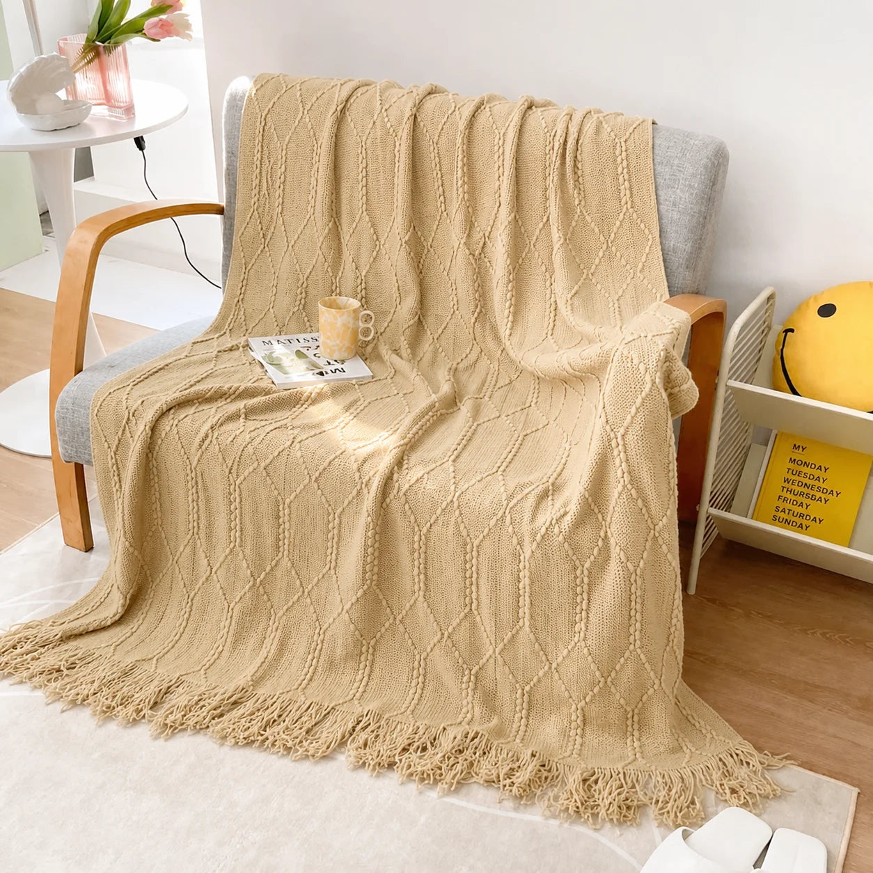 Sage Green Diamond Knit Throw Blanket with Tassels