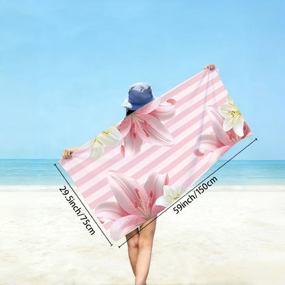 1pc pink striped beach towel, large floral printed beach towel, ultra-fine