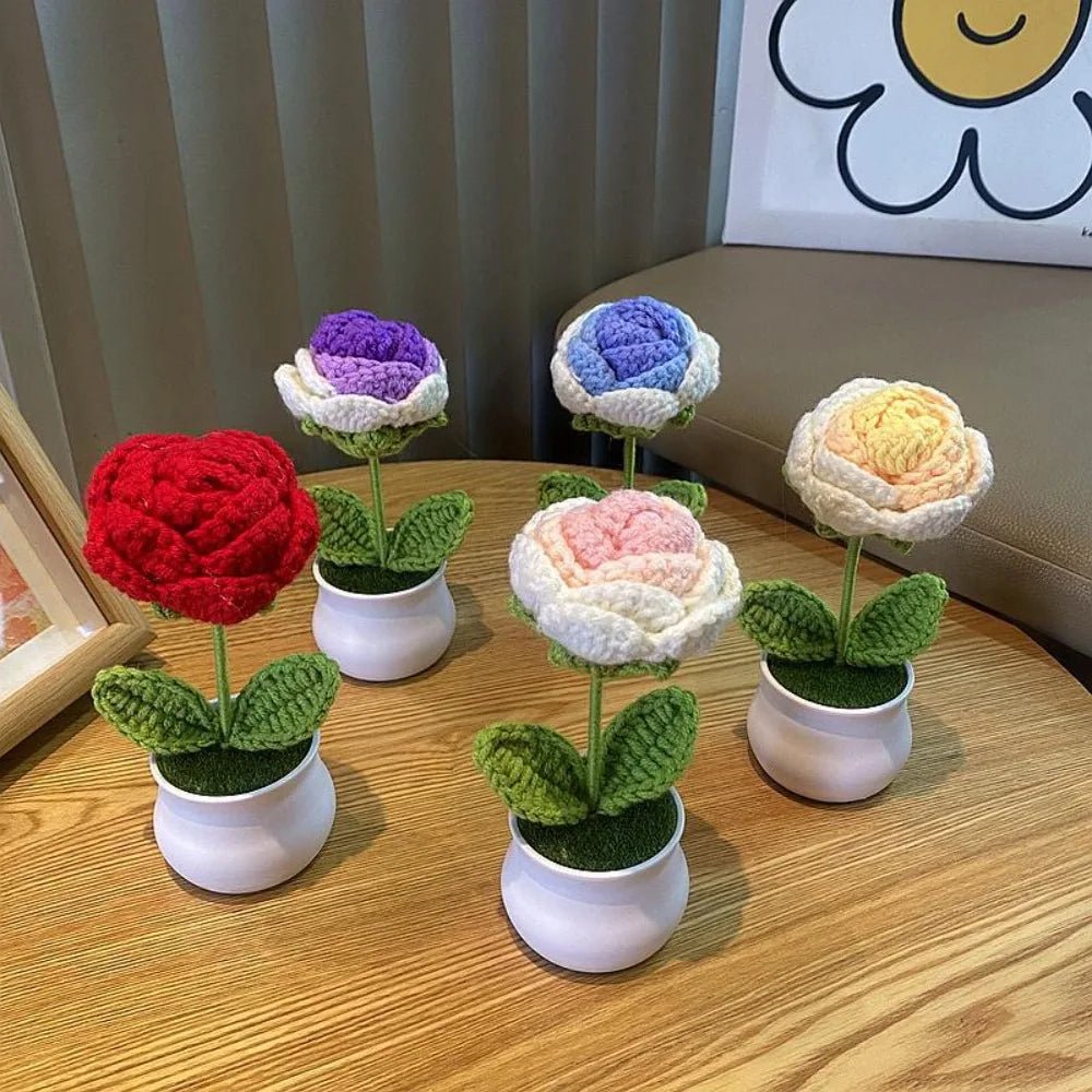 DIY Handwoven Mini Potted Flower Rose Office Desktop Ornamental Potted Plants Woolen Thread Finished Product Home Decoration