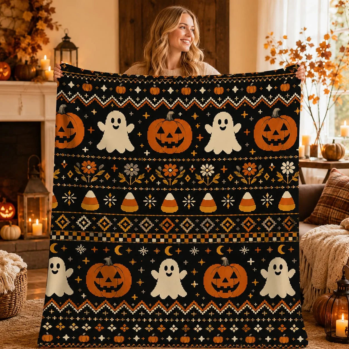 Halloween Sherpa Blanket, Cottagecore Fleece Throw, Cozy Pumpkin Ghost Fall Blanket, New Home Halloween Gift