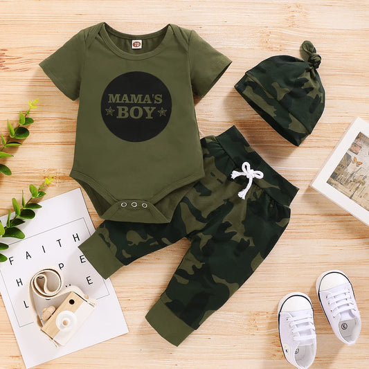 Letter Romper, Camouflage Pants & Hat 3-Piece Set