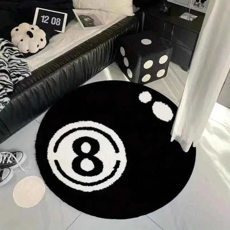 VIKAMA Black 8-Ball Billiard Round Carpet, Anti-Slip Carpet, Living Room Sofa Cushion, Soft Bedroom Carpet, Home Decoration