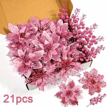 21Pcs Artificial Flowers Berry Bouquet Christmas Decoration Vase for Home Room Decor Fake Flowers Garland Ornament Accessories