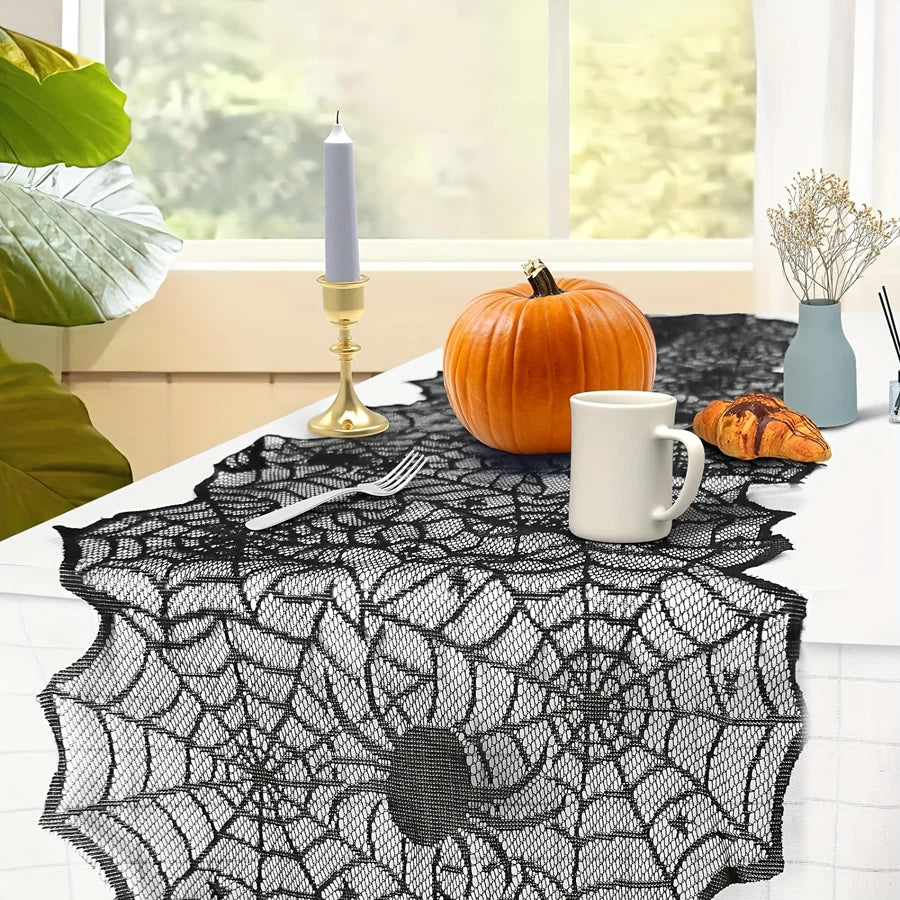 1 Piece of vintage Halloween Table Flag Fireplace Cover, Spider and Bat Lace Table Decoration for Indoor Use