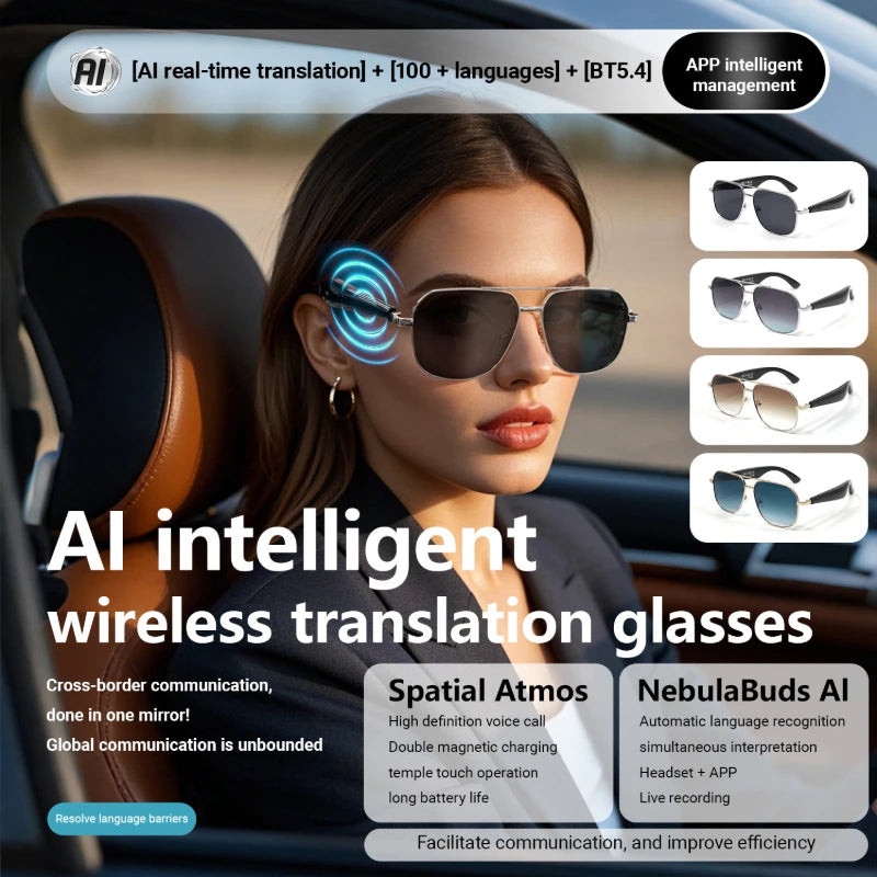 AI Translation Smart Glasses – 100+ Languages, Blue Light Blocking, Open-Ear Audio, Photo Capture