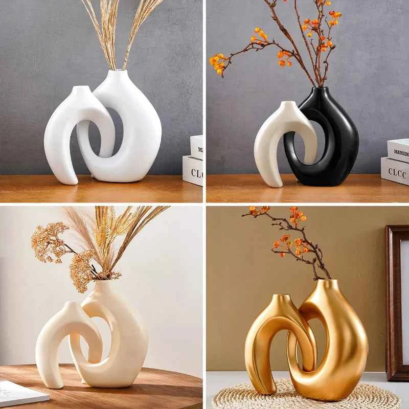 Hollow Nordic Modern  Vase Set of 2 for Modern Home Decor,Plastic imitation ceramic Hollow Flower Vases for Living Room