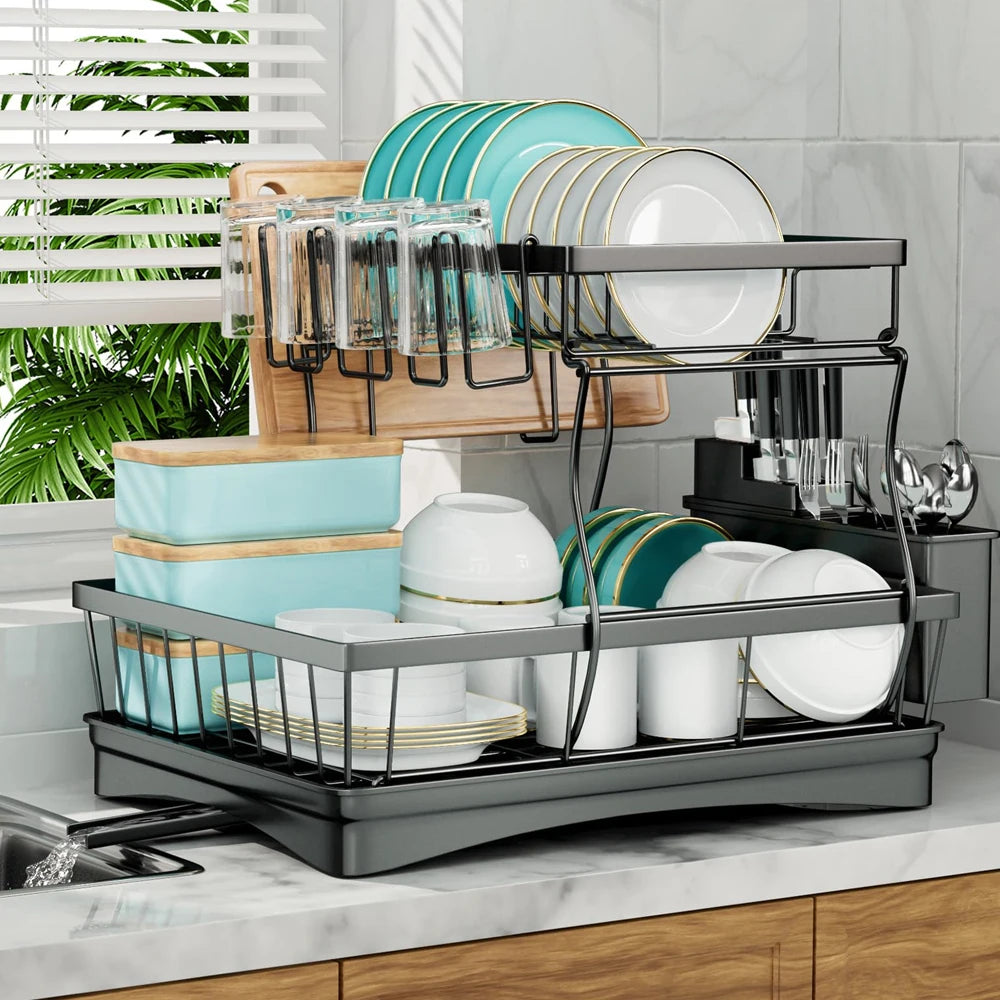 Large 2-Tier Dish Drying Rack, Removable Trays