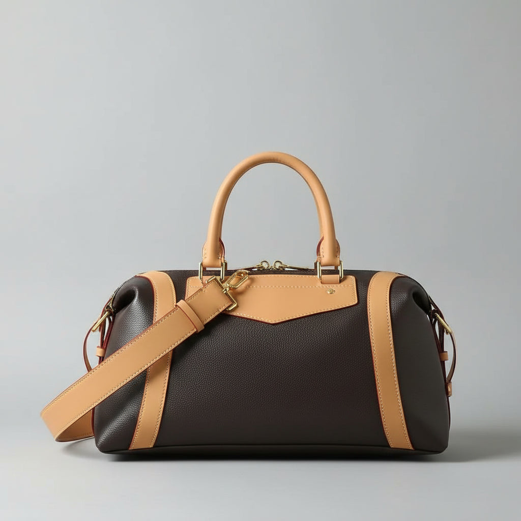 Dark Brown Pebbled Leather Boston Duffle Bag