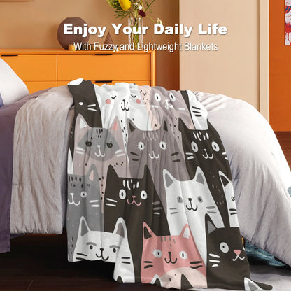 Whimsical Cat Print Flannel Throw Blanket - Ultra-Soft, Lightweight, Warm, and Cozy for All Seasons - Perfect for Snuggling Up on Bed, Sofa, Office, Camping, and Travel Adventures