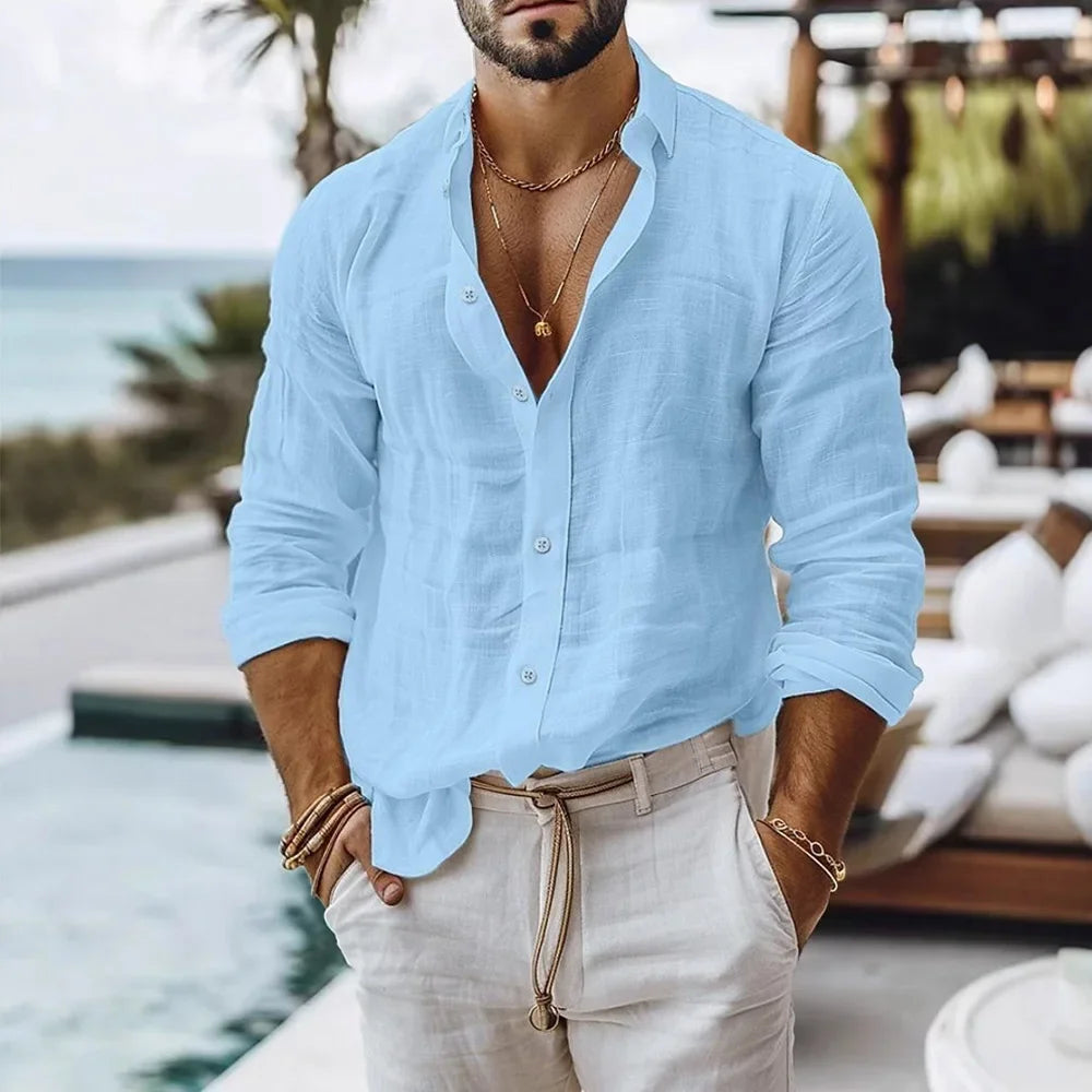 Men's Cotton Linen Beach Style Button Shirt — Solid Color Breathable Lightweight Top