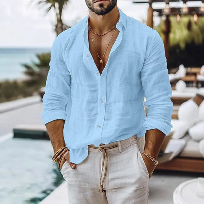 Men's Cotton Linen Beach Style Button Shirt — Solid Color Breathable Lightweight Top