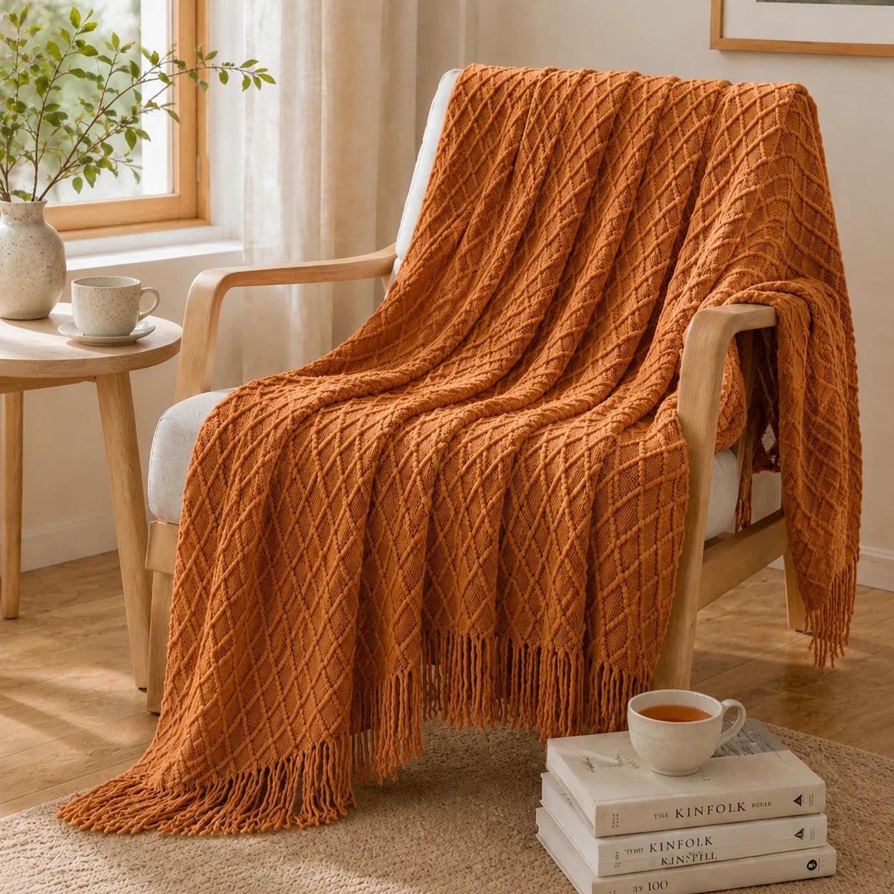 Sage Green Mixed Bobble Diamond Textured Knit Throw Blanket with Tassel Fringe, Soft Knitted Decorative Blanket, Lightweight Cozy Cover for Couch Sofa Bed, Boho Farmhouse Home Decor for Living Room Bedroom