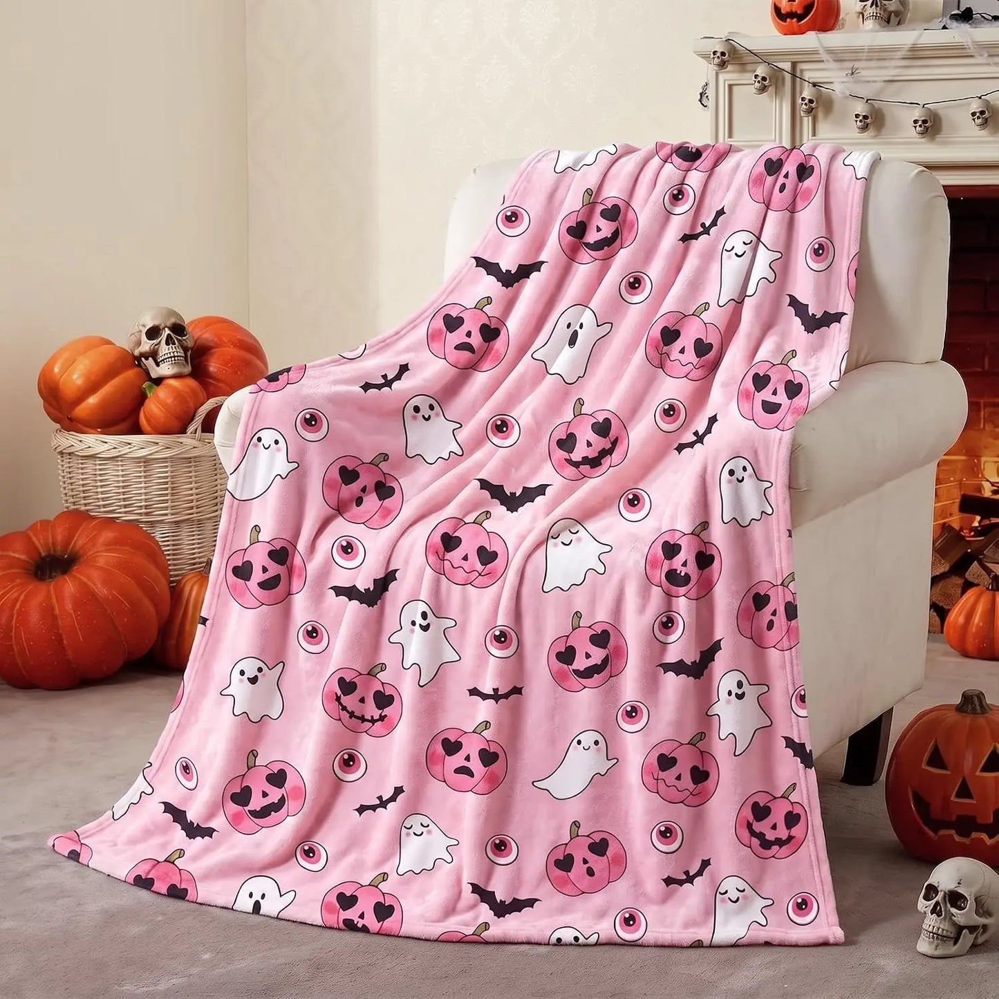 Halloween Throw Blanket Ghost Fleece Flannel Blanket Goth Halloween Soft Cozy Plush Blankets for Couch Bed Sofa Pink Spooky Decor 60"X50"