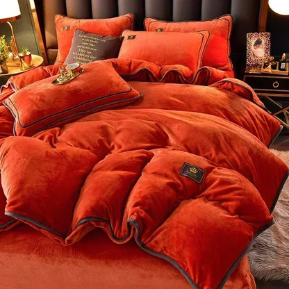 High-end Milk Velvet Autumn Winter Warm Duvet Cover Set with Bed Sheet Quilt Cover and Pillowcases Warmth Cozy Bedding Set Queen