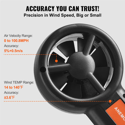 Handheld Anemometer LED Digital Wind Speed CFM Meter Gauge Measures Wind Velocity Wind Temperature Air Flow Wind Chill