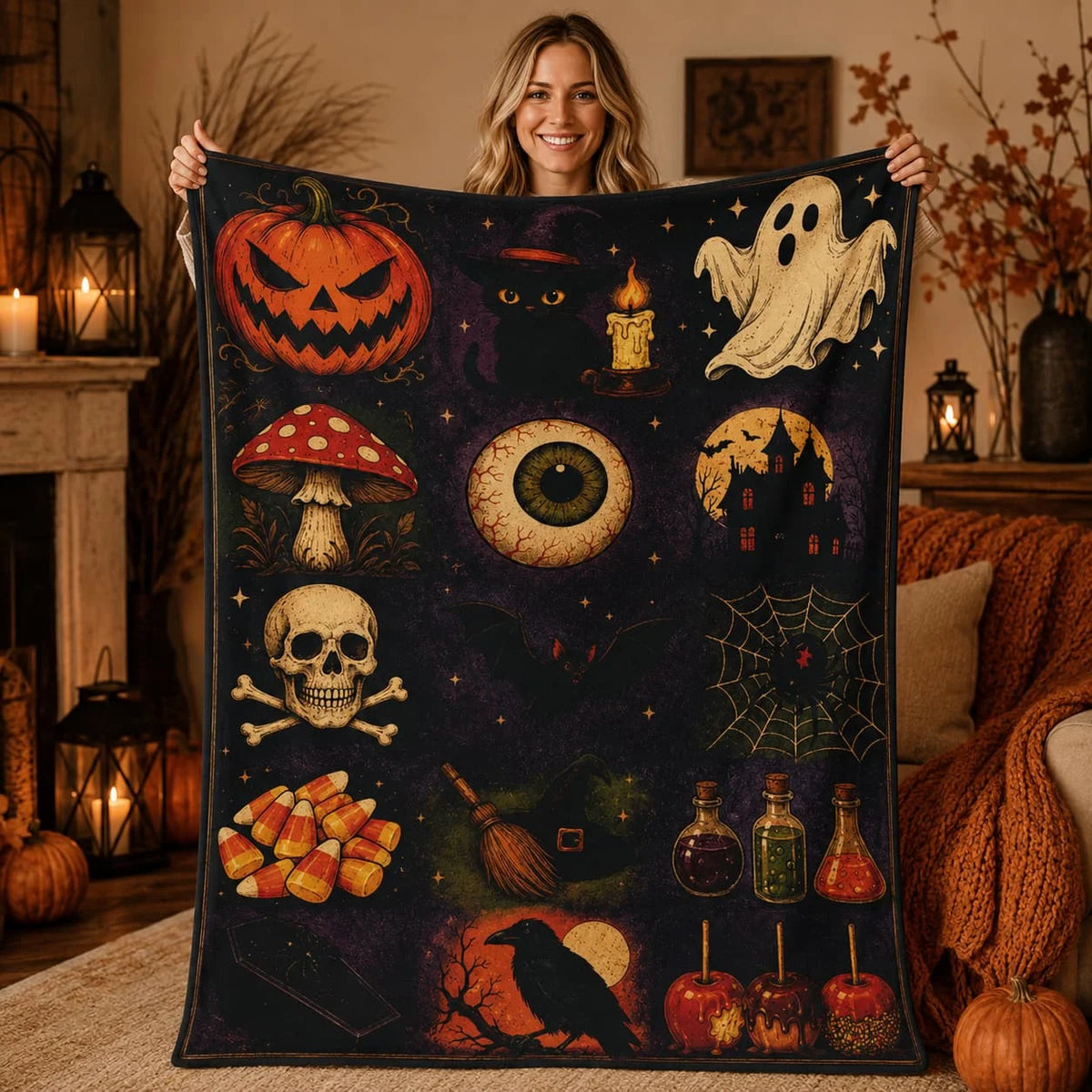 Vintage Spooky Halloween Patchwork Blanket Pumpkin Ghost Skull Gothic Room Decor Cozy Throw JDOH18