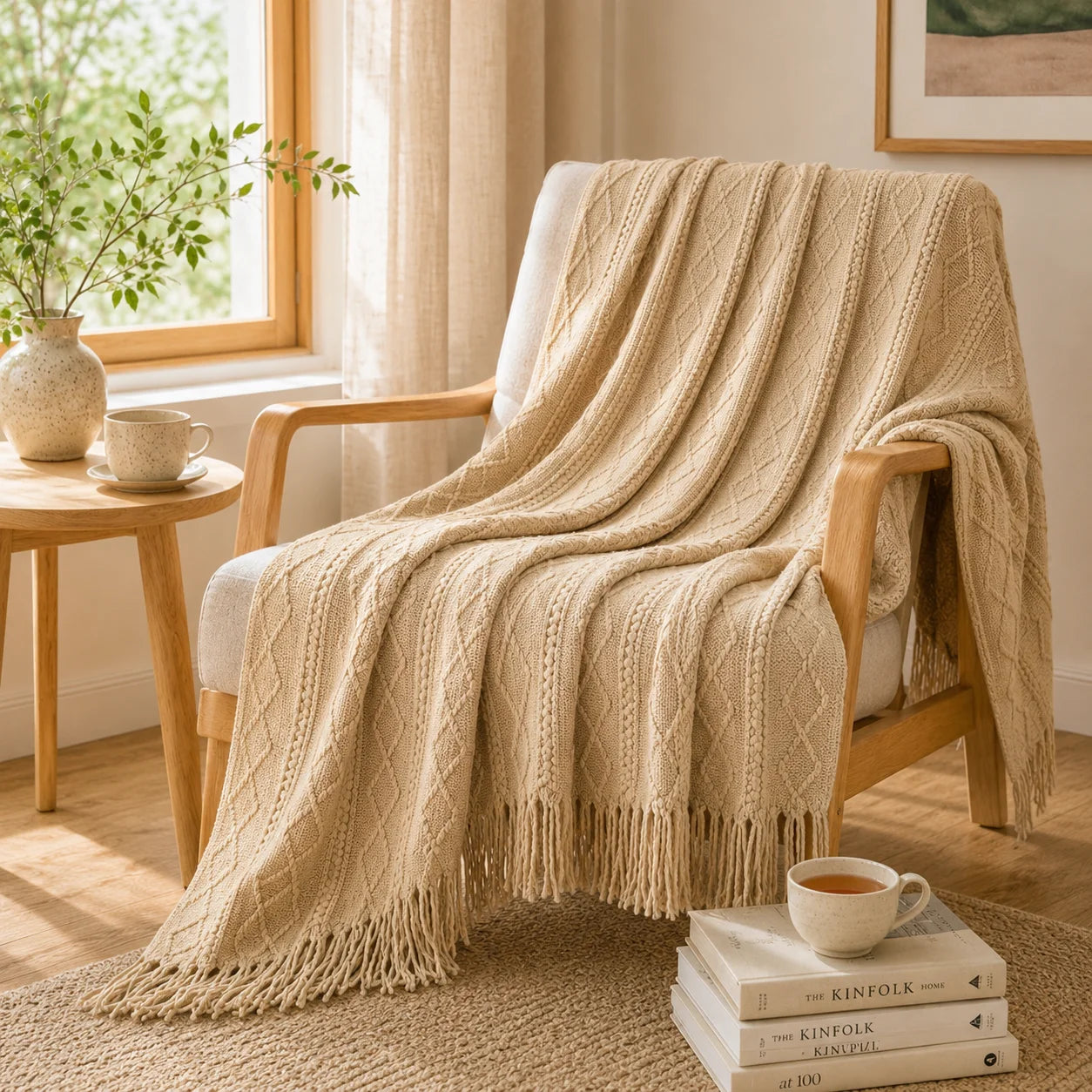Sage Green Mixed Bobble Diamond Textured Knit Throw Blanket with Tassel Fringe, Soft Knitted Decorative Blanket, Lightweight Cozy Cover for Couch Sofa Bed, Boho Farmhouse Home Decor for Living Room Bedroom