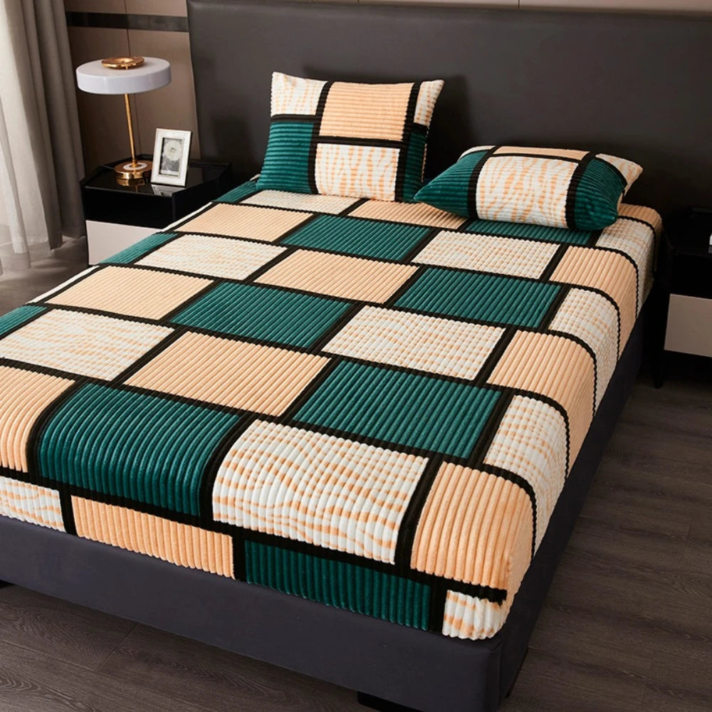 Winter Velvet Plaid Fitted Sheet, Thick Warm, Anti-Slip