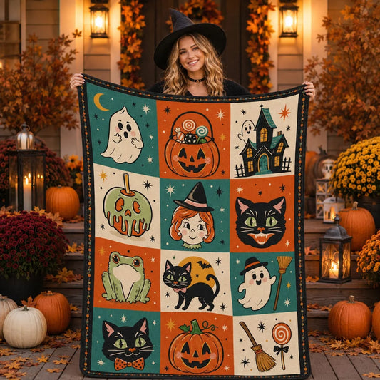 Retro 50s Halloween Sherpa Blanket, Vintage Midcentury Cute Ghost Fleece Throw, Kawaii Halloween Blanket Gift