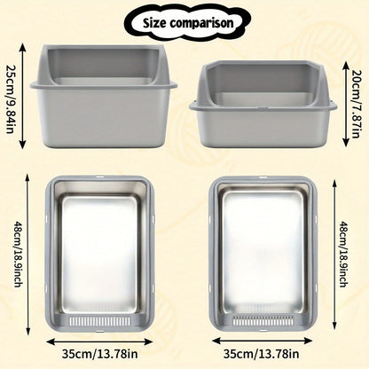 Stainless Steel Cat Litter Box with High Walls — Scoop & Metal Tray