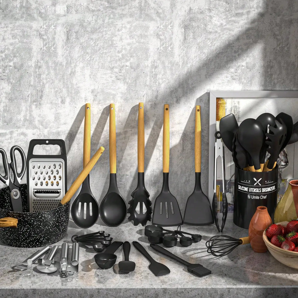 34-Piece Silicone Kitchen Utensils Set with Wooden Handles and Holder, Heat Resistant and Non-Stick Safe