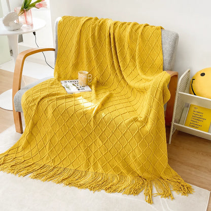 Sage Green Diamond Knit Throw Blanket with Tassels