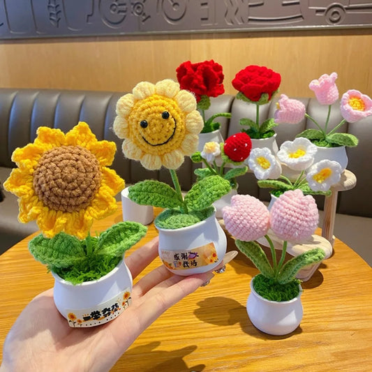 DIY Handwoven Mini Potted Flower Rose Office Desktop Ornamental Potted Plants Woolen Thread Finished Product Home Decoration