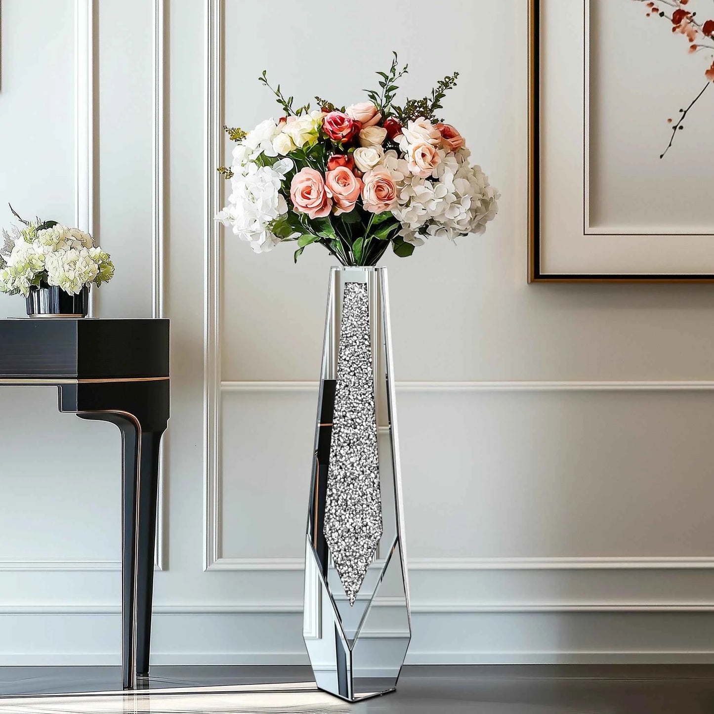 Tall Floor Mirror Vase, Large Crushed Diamond Glass Vase for Home Decor Modern Crystal Centerpiece for Living Room Wedding Hotel