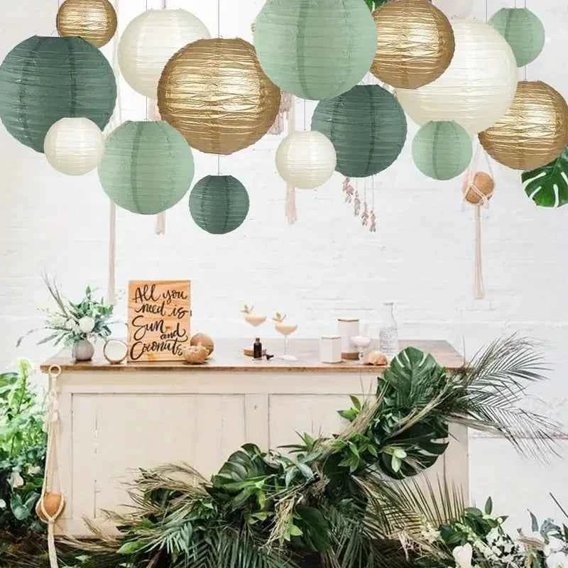 15-Piece Set of Paper Lantern Decorations, Round Hanging Paper Lantern Decorations, Suitable for Rural Parties, Bridal Gifts, Weddings, Gray-Green Birthday Party Supplies Gold/Yellow-Green, Party Supplies, Ceiling Party Decor