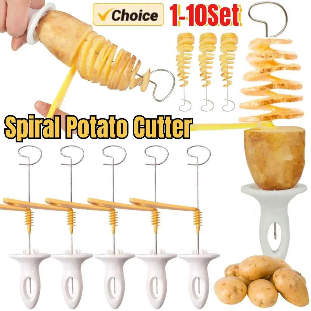 Spiral Potato Cutter with 4 Stainless Steel Sticks Manual Twisted Potato Slicer Reusable Potato Twister Kitchen Gadgets