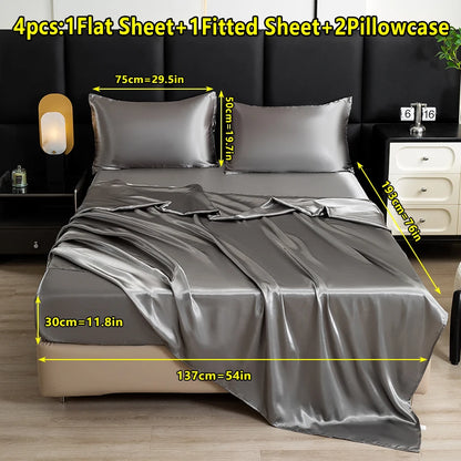 4-Piece Solid Color Satin Bed Sheet Set – Luxurious Soft Skin-Friendly Bedding (Flat Sheet, Fitted Sheet & 2 Pillowcases)