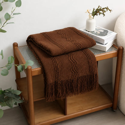 Cream Popcorn Bobble Textured Knit Throw Blanket with Tassel Fringe, Soft Knitted Decorative Blanket, Lightweight Cozy Cover for Couch Sofa Bed, Boho Farmhouse Home Decor for Living Room Bedroom