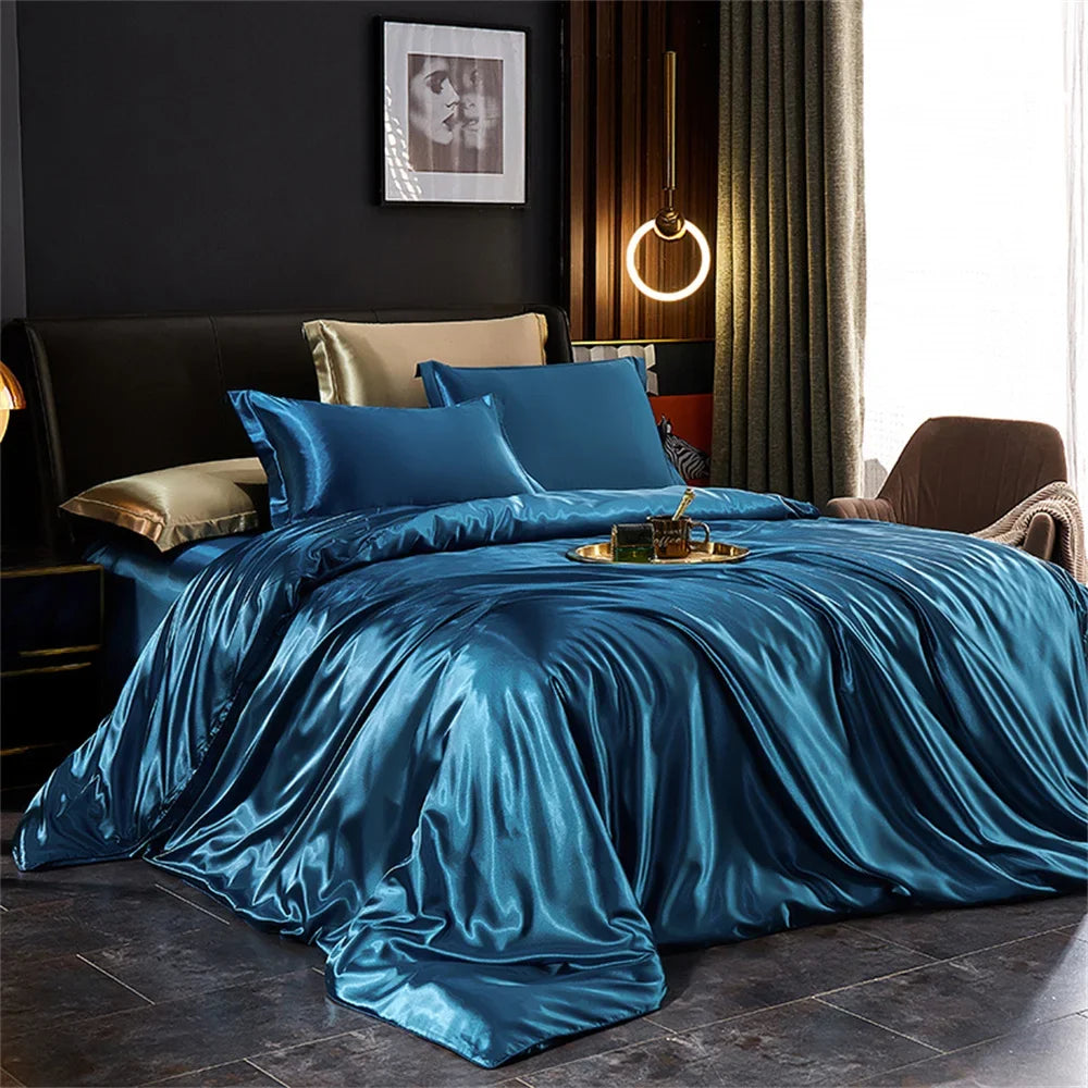 Luxury Solid Silk Satin Bedding Set – Duvet Cover, Bed Sheet & Pillowcases | Twin to King & Family Suite