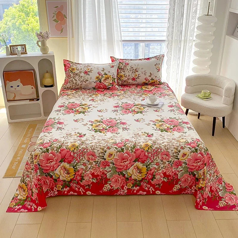 Red Floral Printed Flat Bed Sheet | Single-King