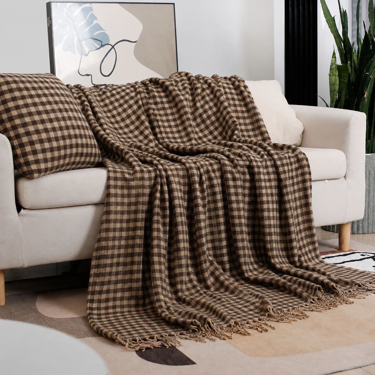 Beige Openwork Textured Knit Throw Blanket with Tassel Fringe, Soft Knitted Decorative Blanket, Lightweight Cozy Cover for Couch Sofa Bed, Boho Farmhouse Home Decor for Living Room Bedroom