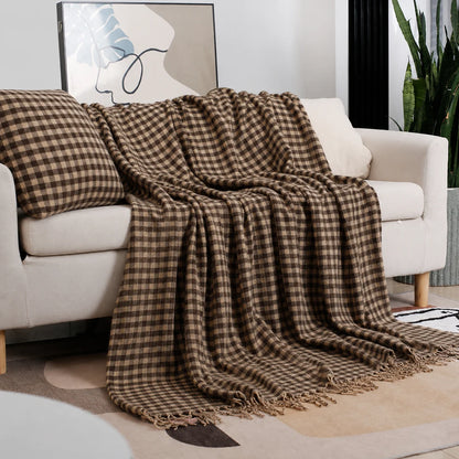 Beige Openwork Textured Knit Throw Blanket with Tassel Fringe, Soft Knitted Decorative Blanket, Lightweight Cozy Cover for Couch Sofa Bed, Boho Farmhouse Home Decor for Living Room Bedroom