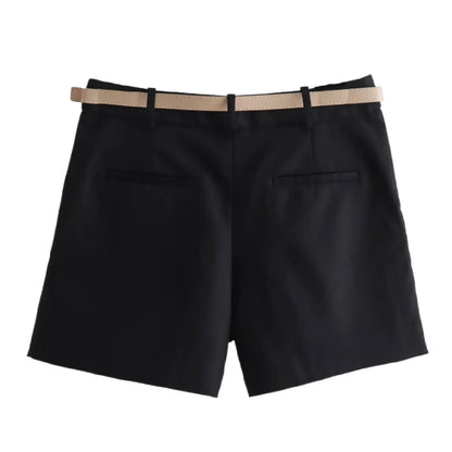 Women's High Waist Loose Straight Shorts – Belted Zipper Korean Fashion Shorts for Office & Casual Wear