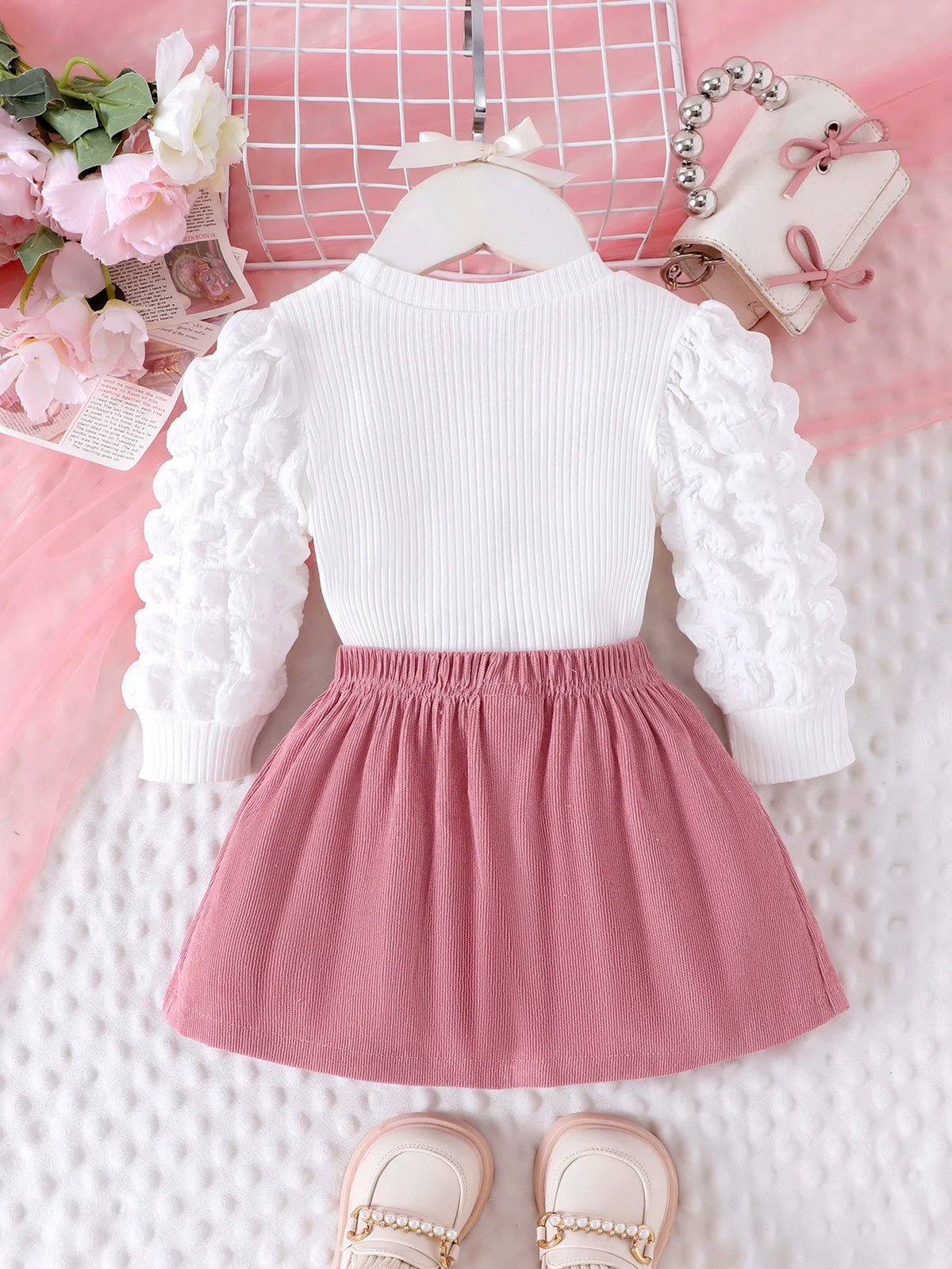 Bubble Sleeve Top & Skirt Set for Girls 1-3 Years