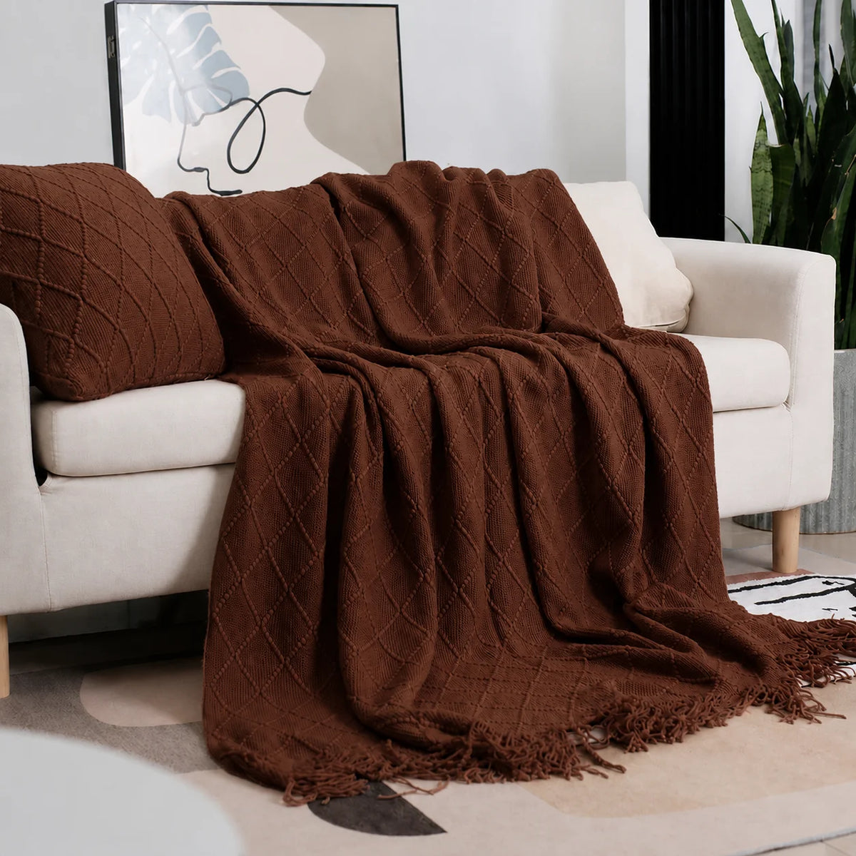 Beige Openwork Textured Knit Throw Blanket with Tassel Fringe, Soft Knitted Decorative Blanket, Lightweight Cozy Cover for Couch Sofa Bed, Boho Farmhouse Home Decor for Living Room Bedroom