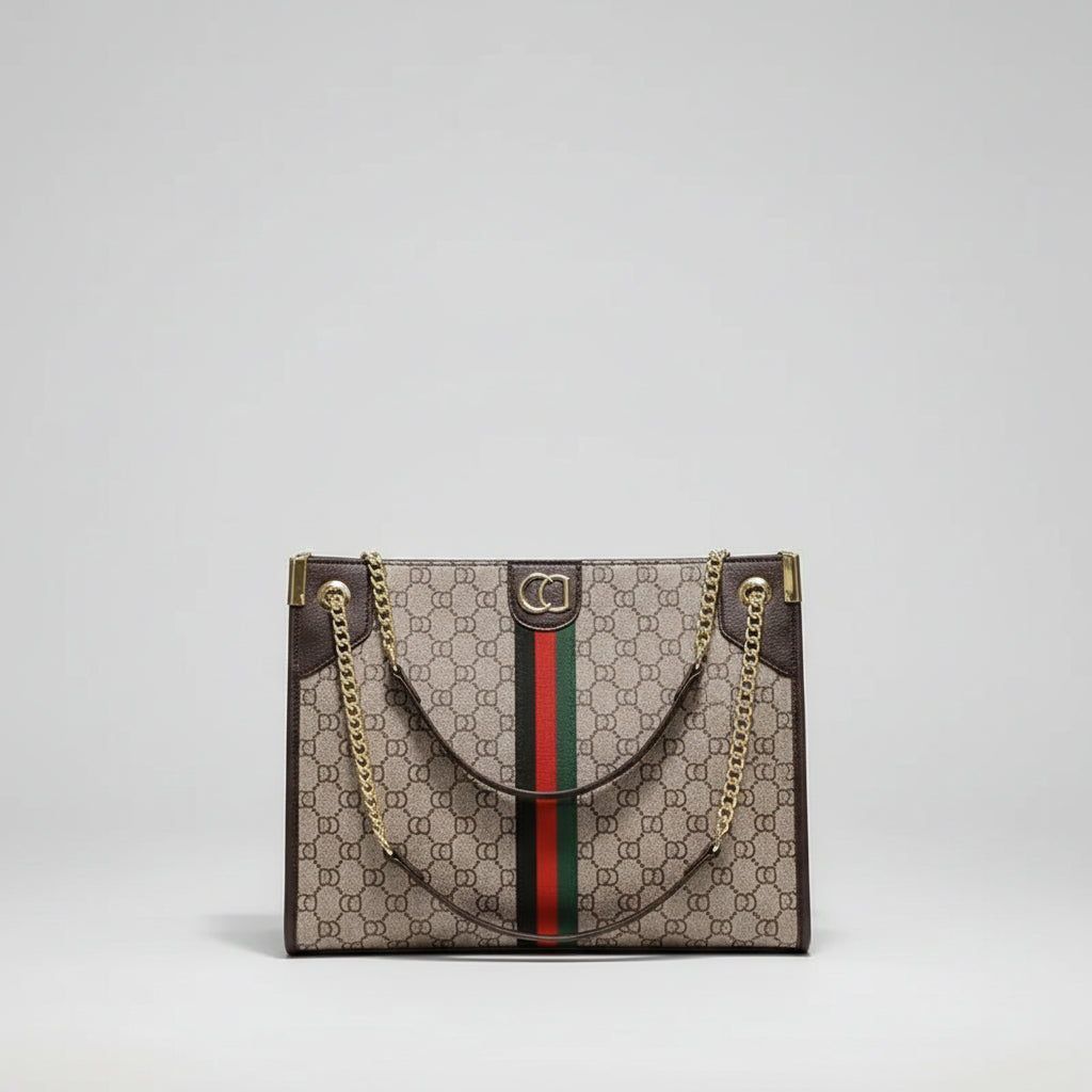 Floral Woven Tote Bag with Metal Chain Strap