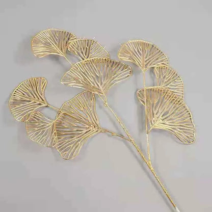 60CM 5PCS 3 Pronged Fan Leaf Netting Artificial Gold Ginkgo Eucalyptus Holly Wedding Arch Flower Arrangement Home Decor Crafts