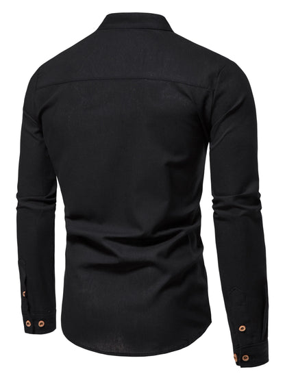 Men's Pure Cotton Slim-Fit Shirt — Elegant Long Sleeve Stand-Up Collar