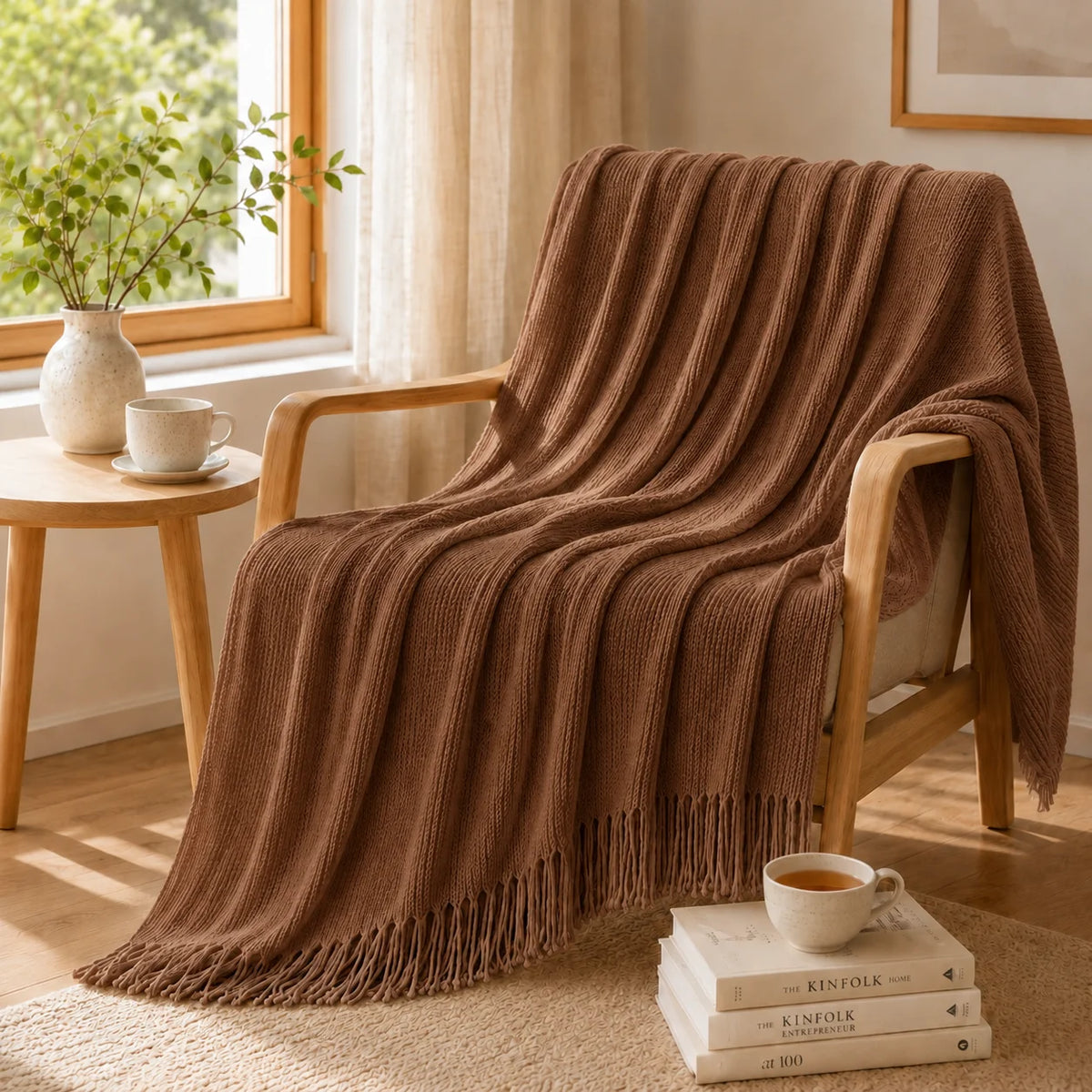 Sage Green Mixed Bobble Diamond Textured Knit Throw Blanket with Tassel Fringe, Soft Knitted Decorative Blanket, Lightweight Cozy Cover for Couch Sofa Bed, Boho Farmhouse Home Decor for Living Room Bedroom